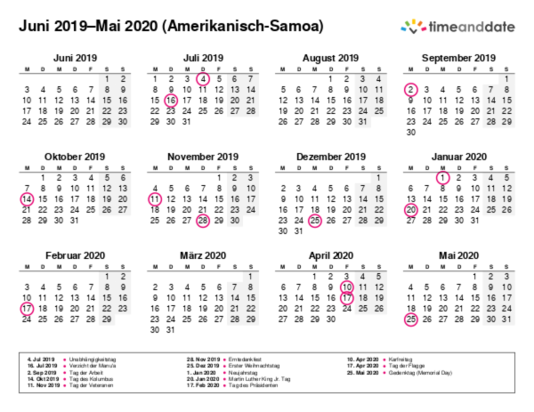 Kalender für 2019 in Amerikanisch-Samoa