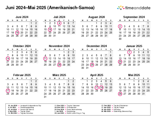 Kalender für 2024 in Amerikanisch-Samoa