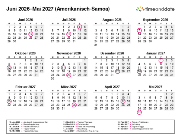 Kalender für 2026 in Amerikanisch-Samoa