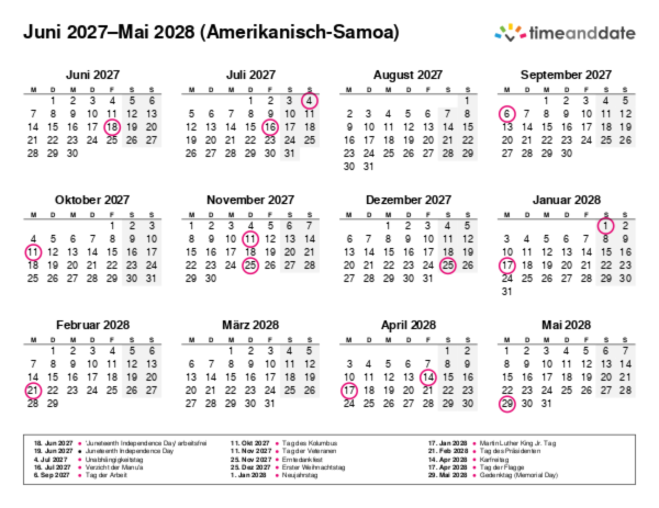 Kalender für 2027 in Amerikanisch-Samoa