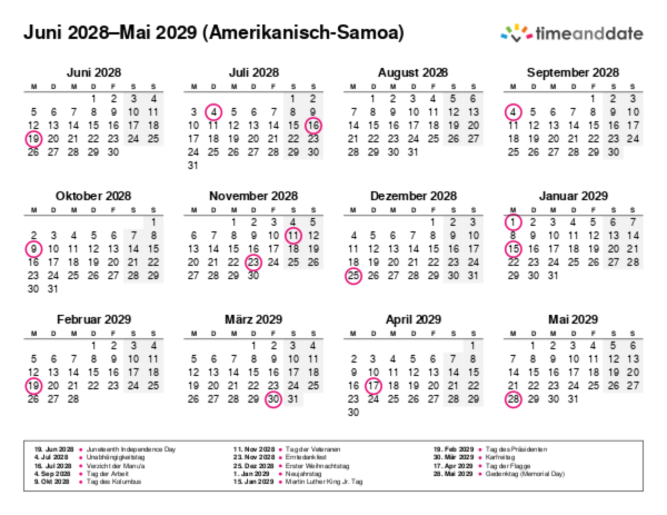 Kalender für 2028 in Amerikanisch-Samoa
