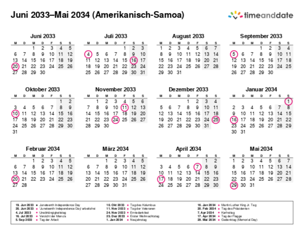 Kalender für 2033 in Amerikanisch-Samoa