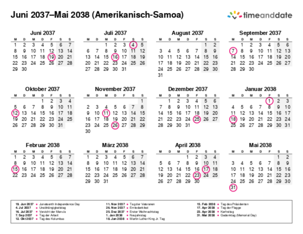Kalender für 2037 in Amerikanisch-Samoa