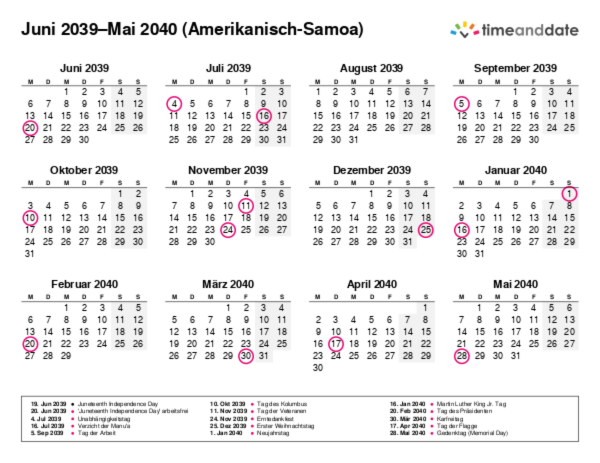 Kalender für 2039 in Amerikanisch-Samoa