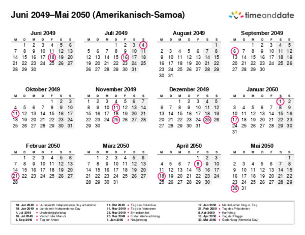 Kalender für 2049 in Amerikanisch-Samoa