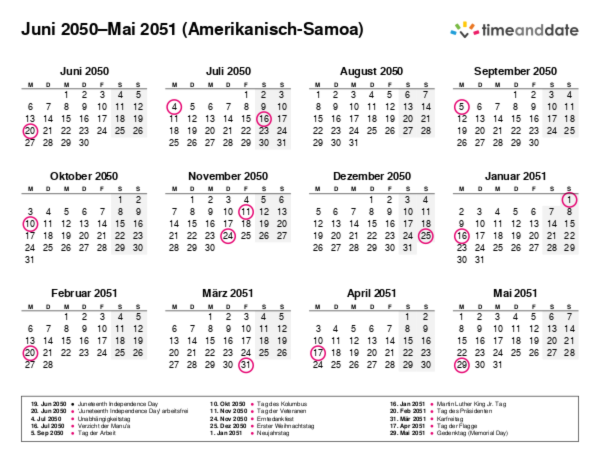 Kalender für 2050 in Amerikanisch-Samoa