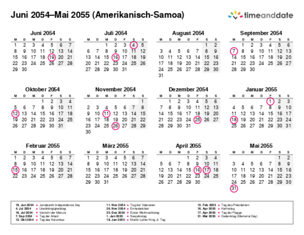 Kalender für 2054 in Amerikanisch-Samoa