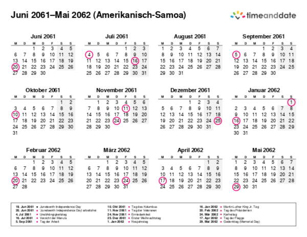 Kalender für 2061 in Amerikanisch-Samoa