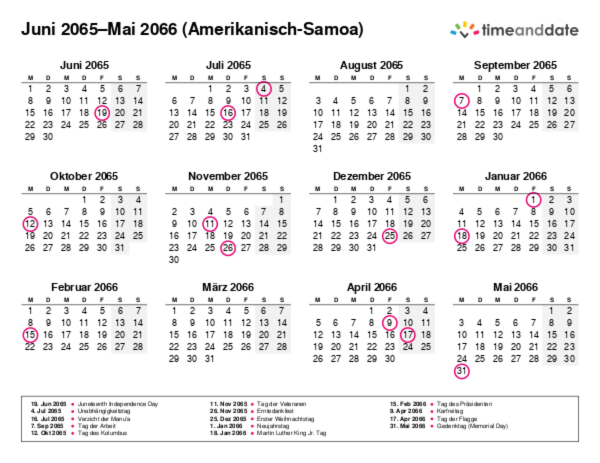 Kalender für 2065 in Amerikanisch-Samoa
