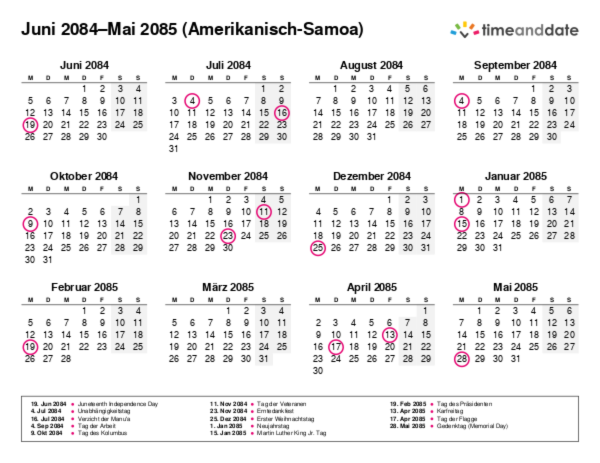Kalender für 2084 in Amerikanisch-Samoa