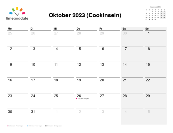 Kalender für 2023 in Cookinseln