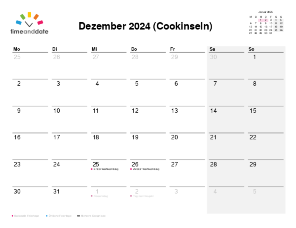 Kalender für 2024 in Cookinseln