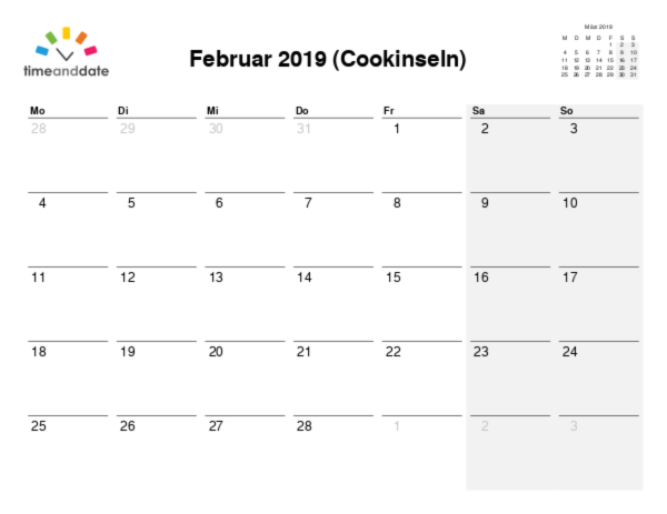 Kalender für 2019 in Cookinseln