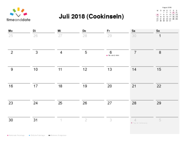 Kalender für 2018 in Cookinseln