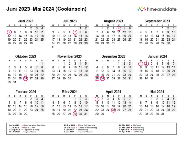 Kalender für 2023 in Cookinseln