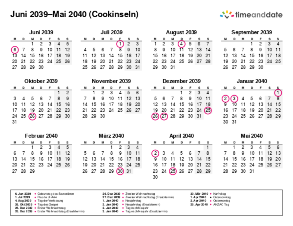 Kalender für 2039 in Cookinseln