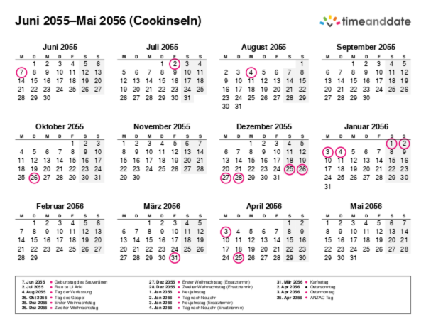 Kalender für 2055 in Cookinseln