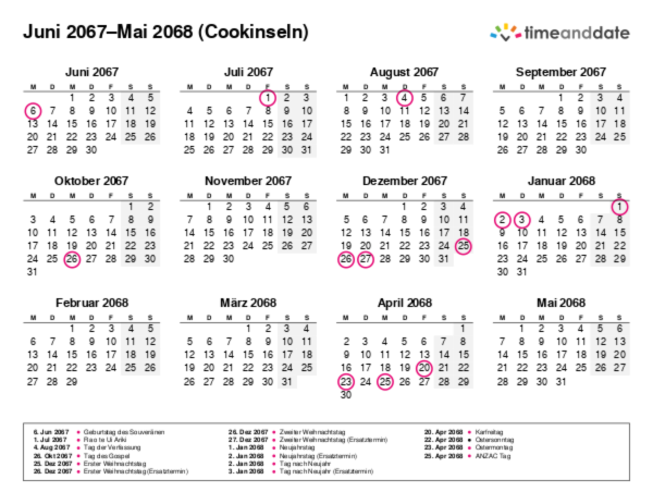 Kalender für 2067 in Cookinseln