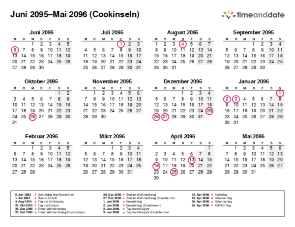 Kalender für 2095 in Cookinseln