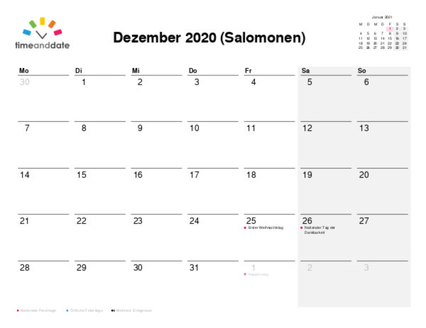Kalender für 2020 in Salomonen