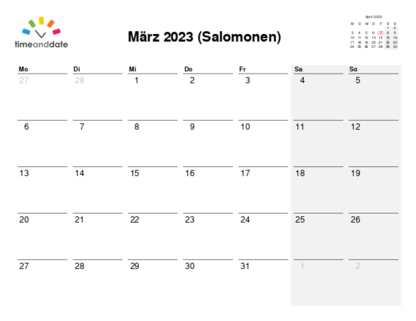 Kalender für 2023 in Salomonen