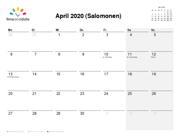 Kalender für 2020 in Salomonen