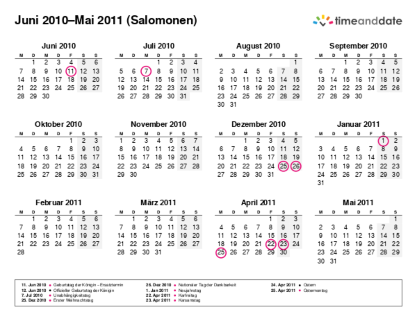 Kalender für 2010 in Salomonen