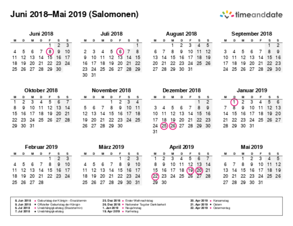 Kalender für 2018 in Salomonen