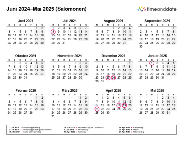 Kalender für 2024 in Salomonen