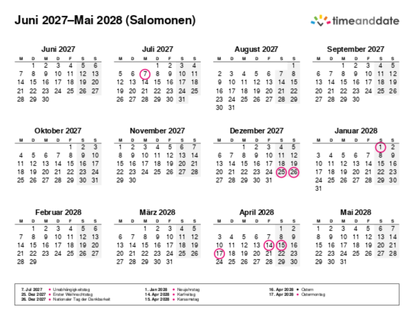 Kalender für 2027 in Salomonen