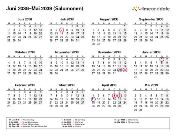 Kalender für 2038 in Salomonen