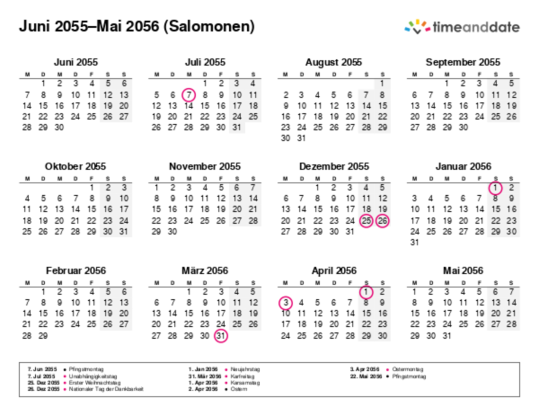 Kalender für 2055 in Salomonen