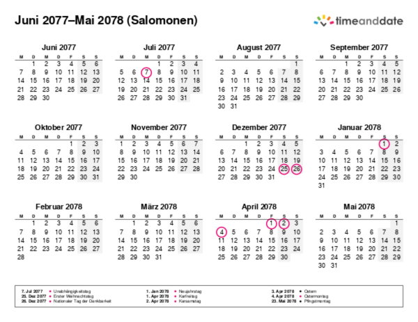 Kalender für 2077 in Salomonen