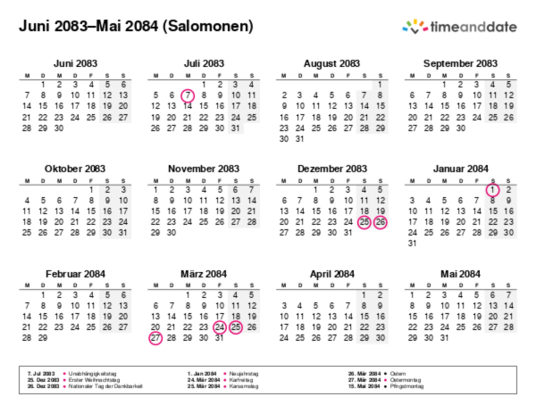 Kalender für 2083 in Salomonen