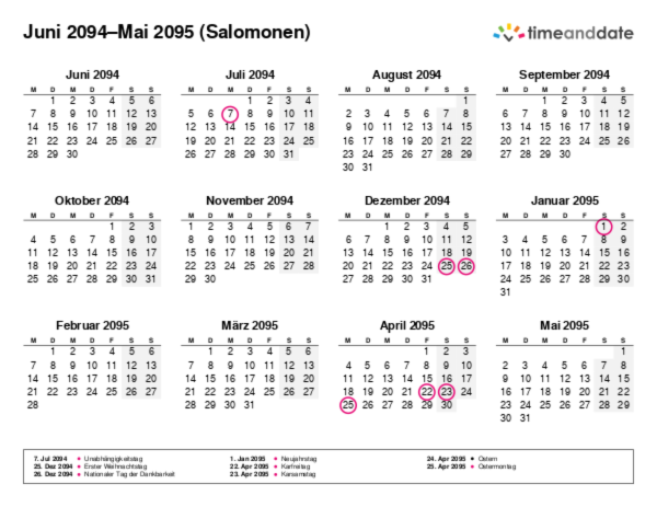 Kalender für 2094 in Salomonen