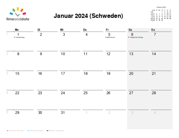 Kalender für 2024 in Schweden