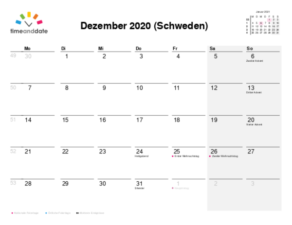 Kalender für 2020 in Schweden