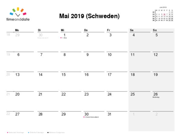 Kalender für 2019 in Schweden
