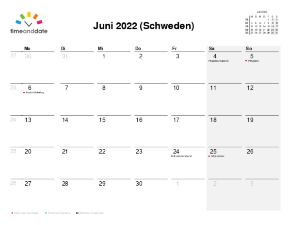 Kalender für 2022 in Schweden