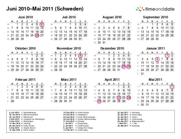 Kalender für 2010 in Schweden