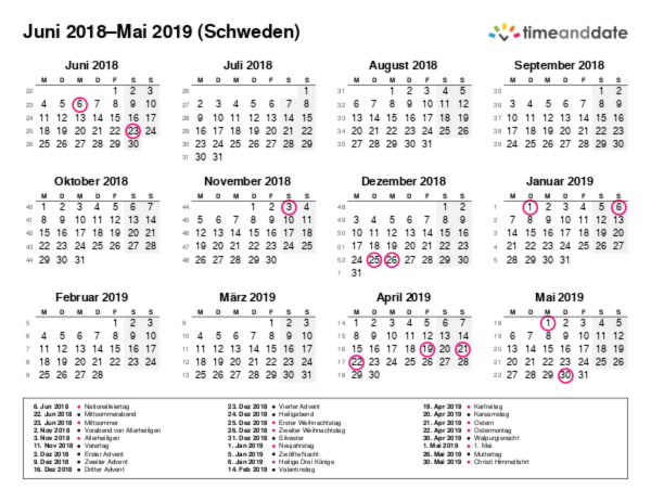 Kalender für 2018 in Schweden
