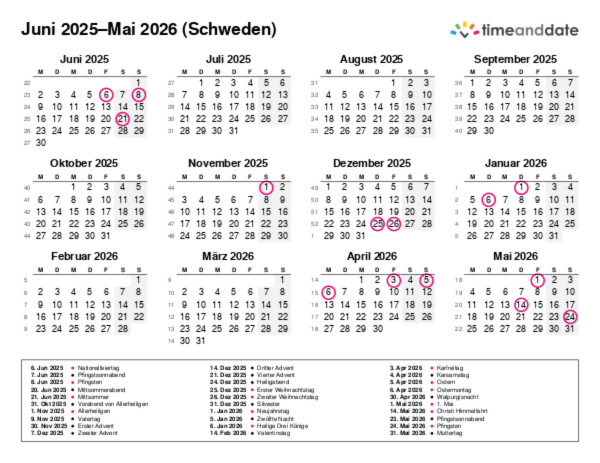 Kalender für 2025 in Schweden