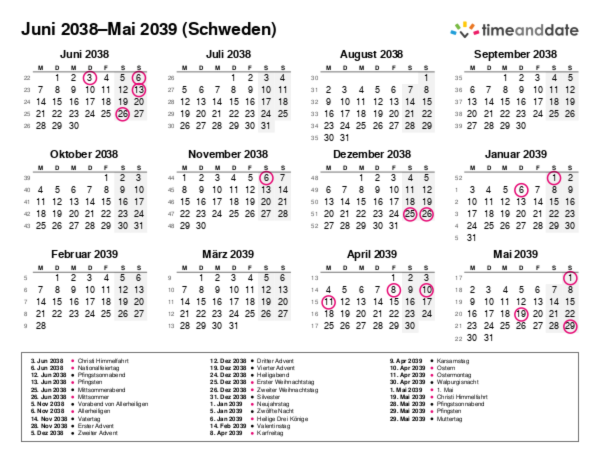 Kalender für 2038 in Schweden
