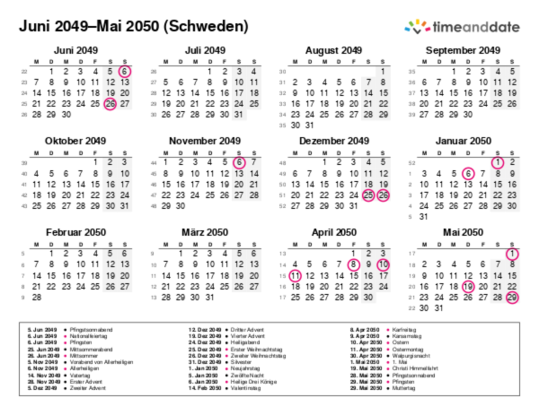Kalender für 2049 in Schweden