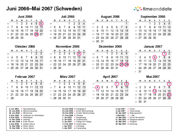 Kalender für 2066 in Schweden