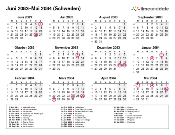 Kalender für 2083 in Schweden