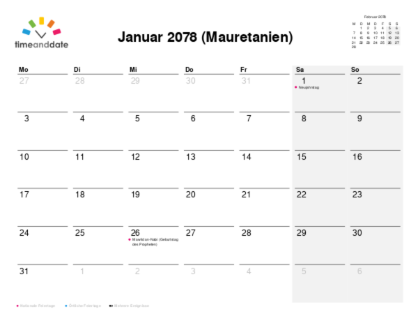 Kalender für 2078 in Mauretanien