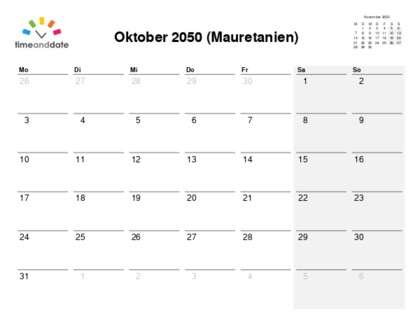 Kalender für 2050 in Mauretanien