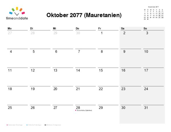 Kalender für 2077 in Mauretanien