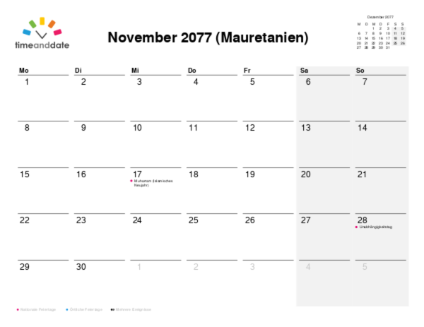 Kalender für 2077 in Mauretanien